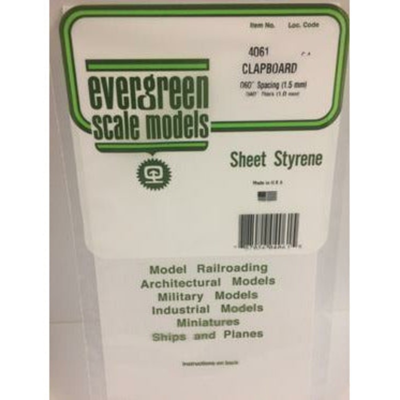 Evergreen #4061 Styrene Siding: Clapboard 0.060 (1.5 mm) Spacing x 0.040 (1.0mm) Thick 6 x 12