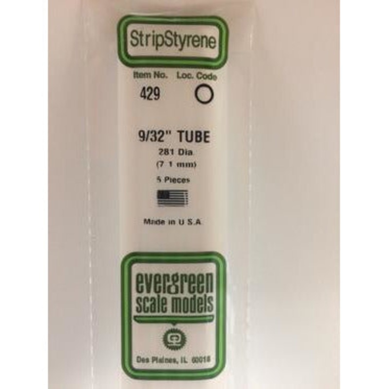 Evergreen #429 Styrene Tubes: Round 9/32 5 pack 0.281 (7.1mm) OD x 24 (60cm)