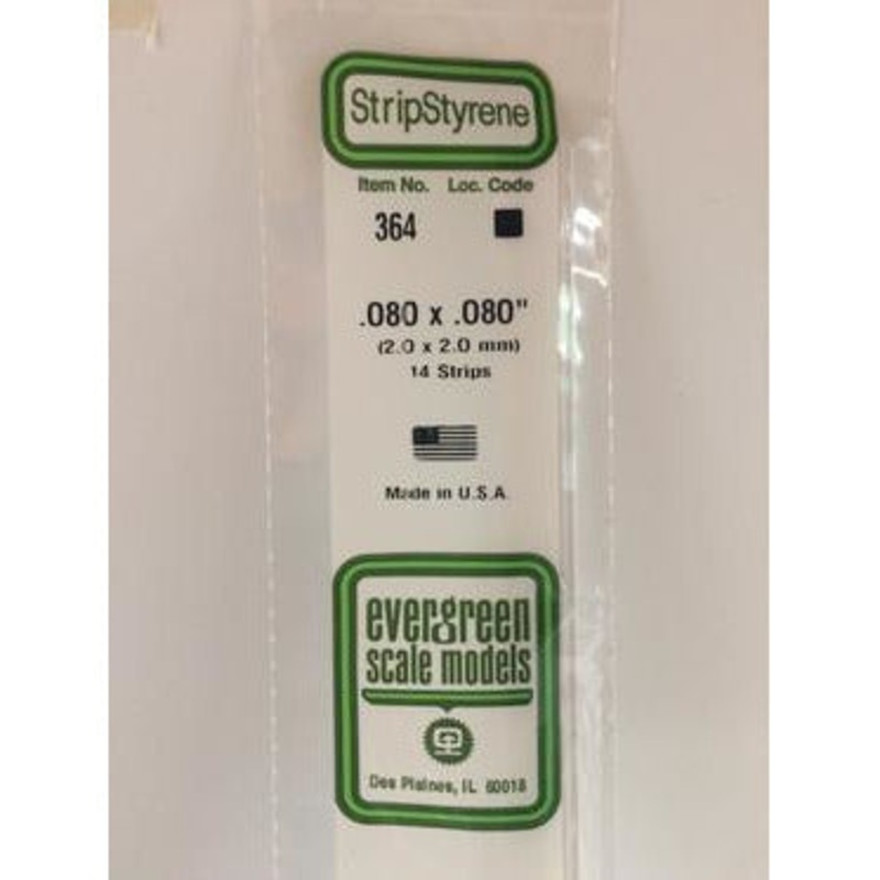Evergreen #364 Styrene Strips: Dimensional 14 pack 0.080 (2.0mm) x 0.080 (2.0mm) x 24 (60cm)
