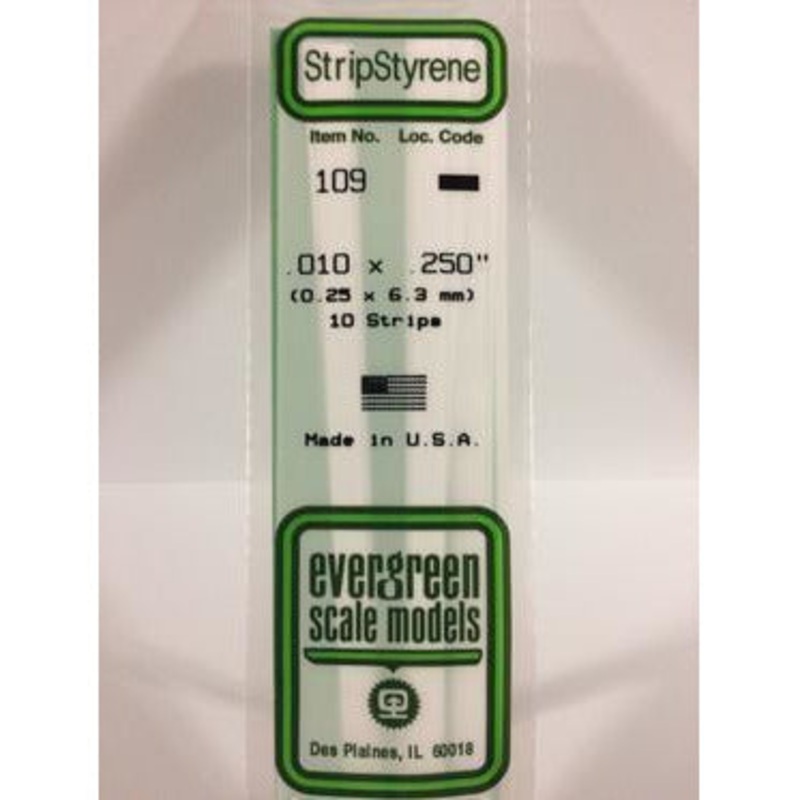 Evergreen #109 Styrene Strips: Dimensional 10 pack 0.010 (0.25mm) x 0.250 (6.3mm) x 14 (35cm)