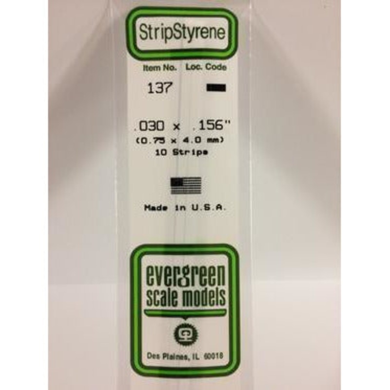 Evergreen #137 Styrene Strips: Dimensional 10 pack 0.030 (0.75mm) x 0.156 (4.0mm) x 14 (35cm)