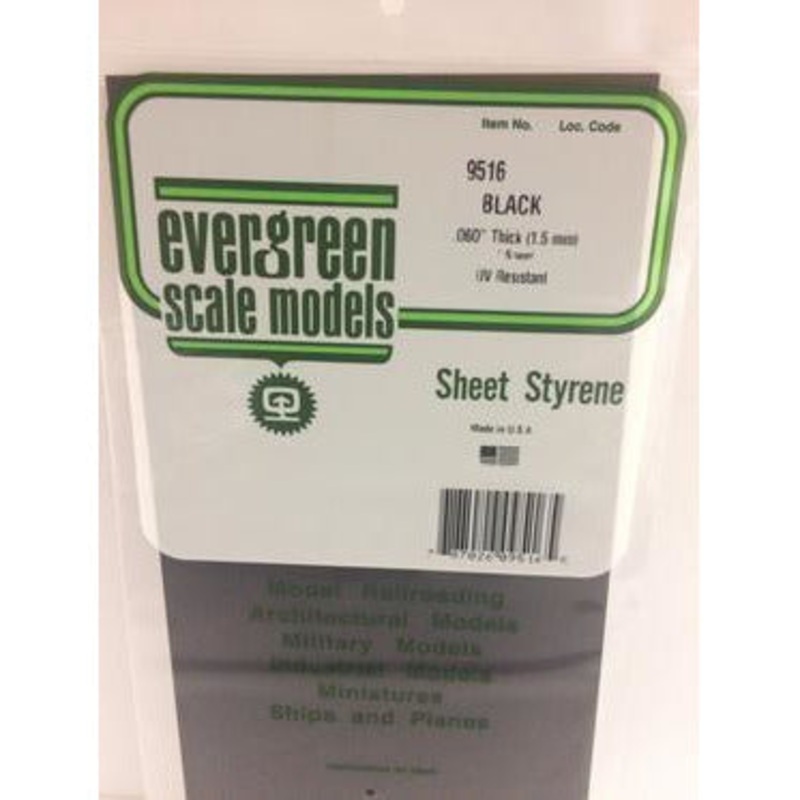 Evergreen #9516 Styrene Sheets: Black 1 pack 0.060 (1.5mm) Thick x 12 (31cm) x 6 (15cm)