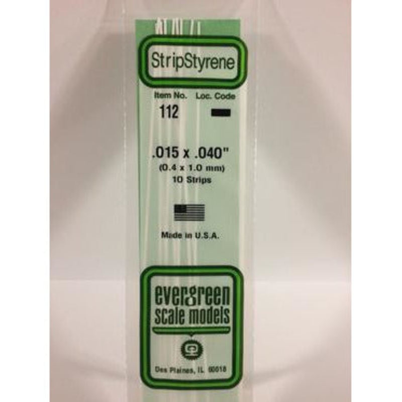 Evergreen #112 Styrene Strips: Dimensional 10 pack 0.015 (0.38mm) x 0.040 (1.0mm) x 14 (35cm)