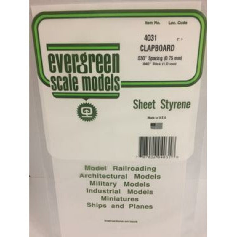 Evergreen #4031 Styrene Siding: Clapboard 0.030 (0.75 mm) Spacing x 0.040 (1.0mm) Thick 6 x 12