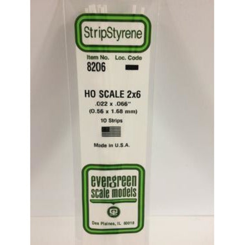 Evergreen #8206 Styrene Strips: HO 2×6 10 pack 0.022 (0.56mm) x 0.066 (1.68mm) x 14 (35cm)