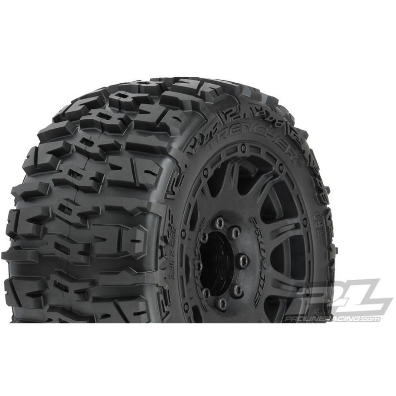 PRO10175-10 Pro-Line Trencher LP 3.8 All Terrain Tires Mounted on Raid Black 8×32 Removable Hex Wheels (2) for 17mm MT Front or Rear