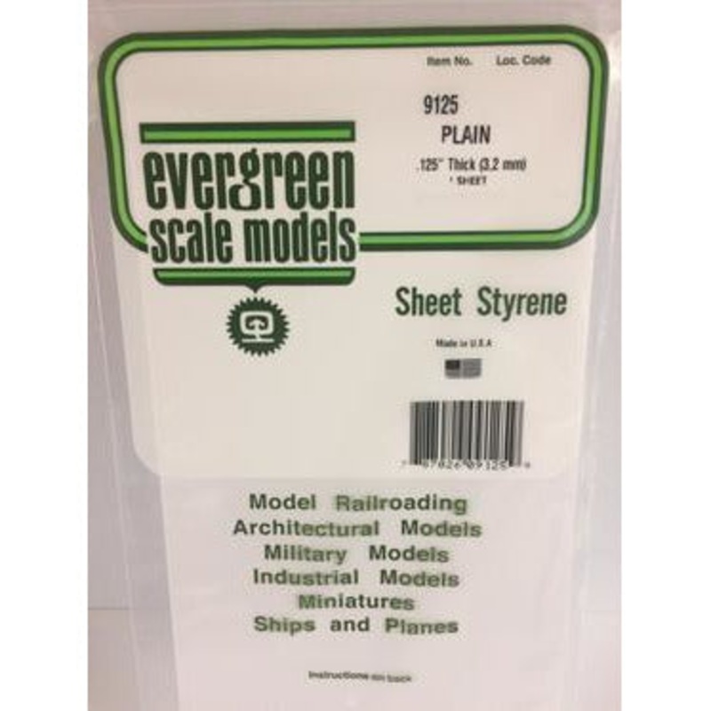 Evergreen #9125 Styrene Sheets: Plain 1 pack 0.125 (3.2mm) x 6 x 12
