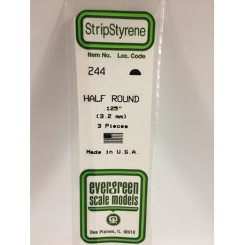 Evergreen #244 Styrene Shapes: Half Round 3 pack 0.125 (3.2mm) x 14 (35cm)