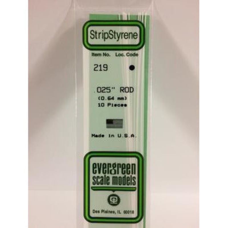 Evergreen #219 Styrene Rods: 10 pack 0.025 (0.64mm) OD x 14 (35cm)