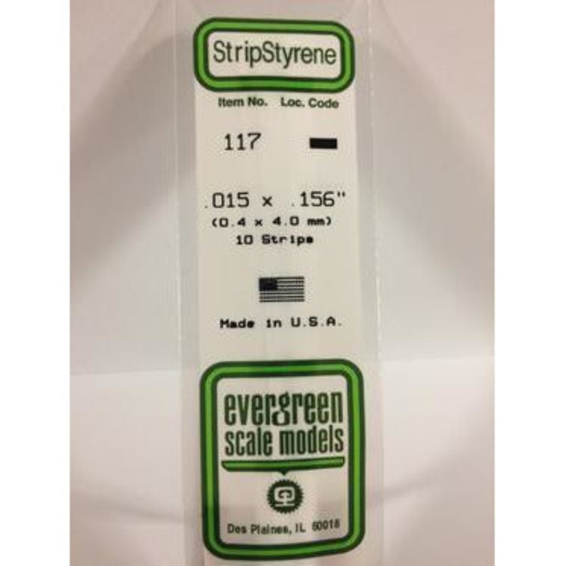 Evergreen #117 Styrene Strips: Dimensional 10 pack 0.015 (0.38mm) x 0.156 (4.0mm) x 14 (35cm)