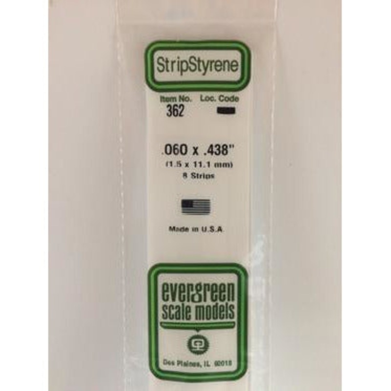 Evergreen #362 Styrene Strips: Dimensional 8 pack 0.060 (1.5mm) x 0.438 (11.1mm) x 24 (60cm)