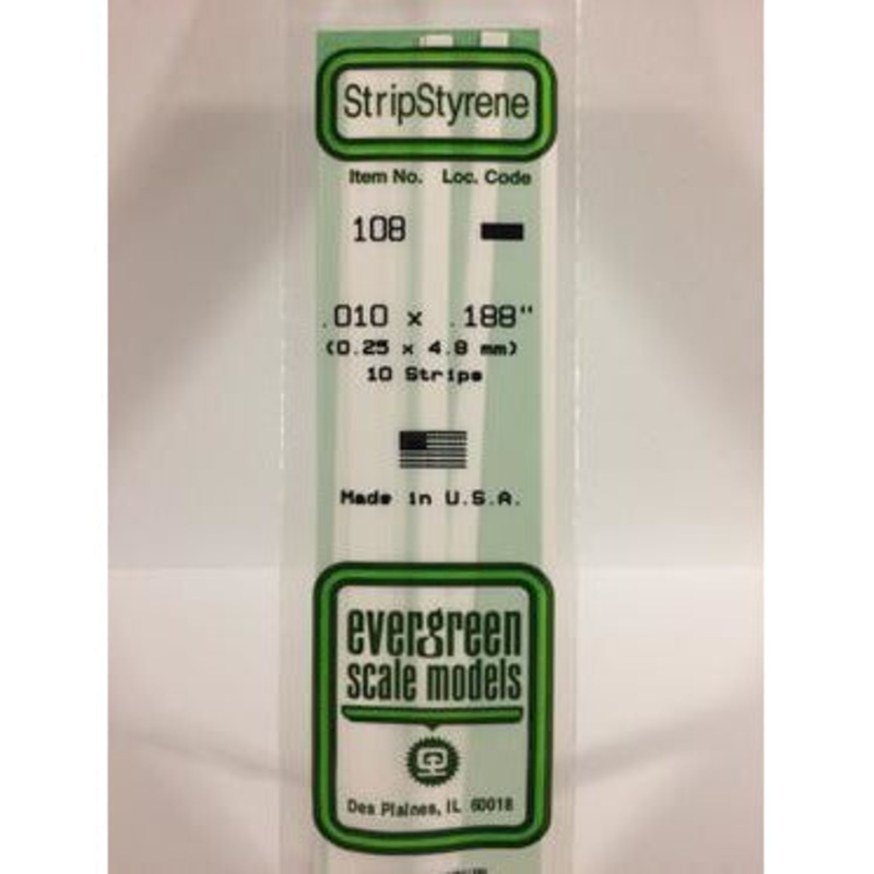 Evergreen #108 Styrene Strips: Dimensional 10 pack 0.010 (0.25mm) x 0.188 (4.8mm) x 14 (35cm)