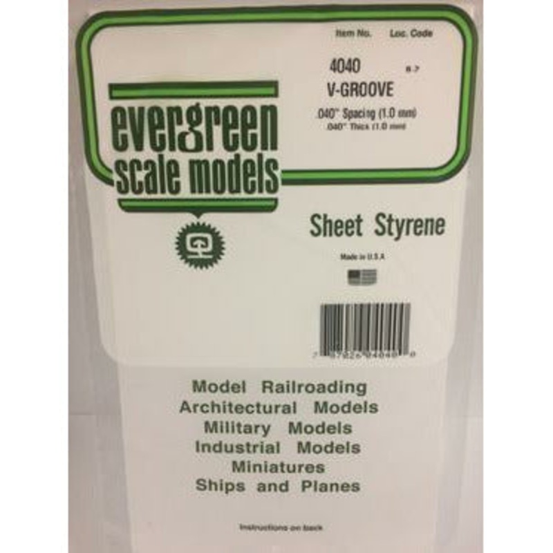 Evergreen #4040 Styrene Siding: 0.040 V-Groove 0.040 (1.0mm) Spacing 6 x 12