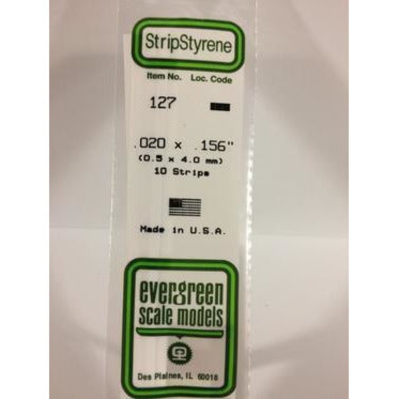 Evergreen #127 Styrene Strips: Dimensional 10 pack 0.020 (0.50mm) x 0.156 (4.00mm) x 14 (35cm)