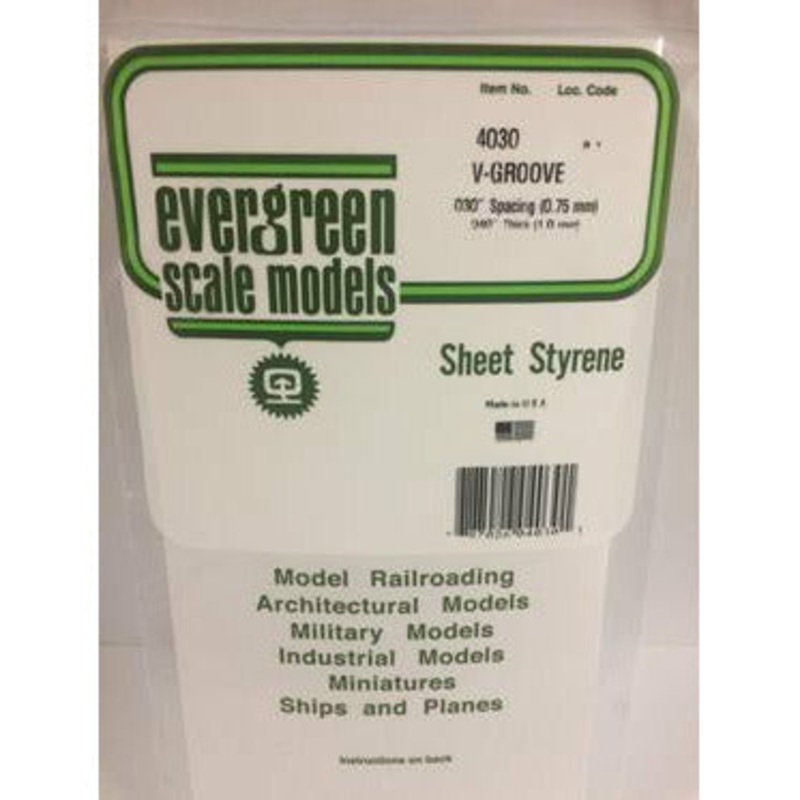 Evergreen #4030 Styrene Siding: 0.040 V-Groove 0.030 (0.75mm) Spacing 6 x 12