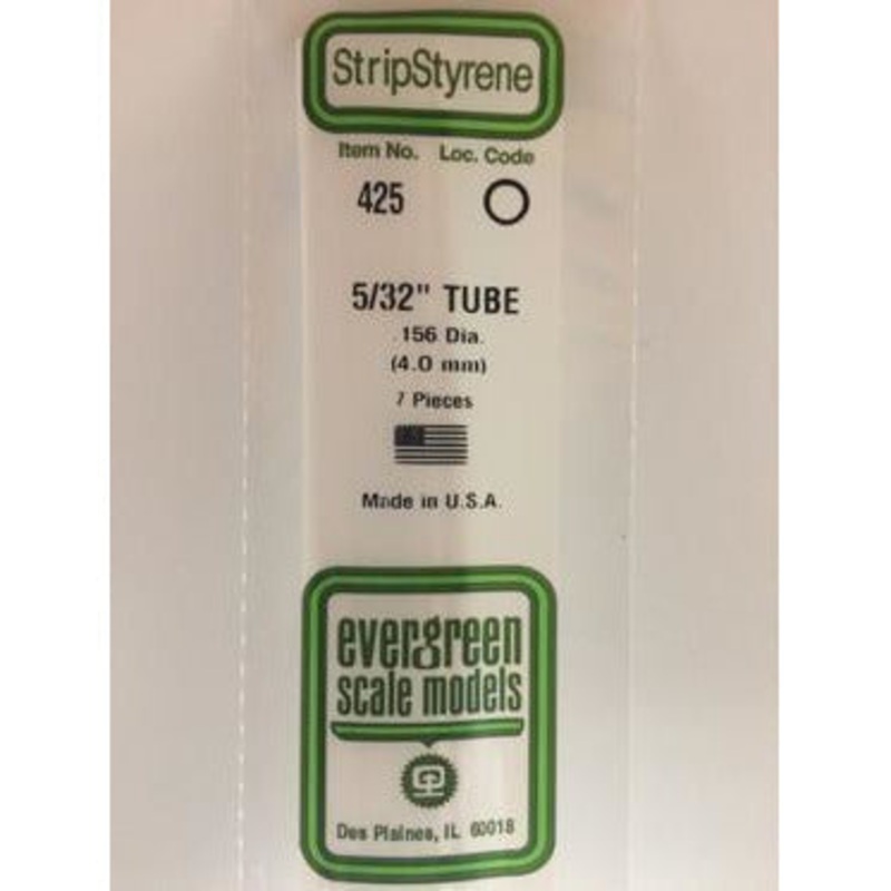 Evergreen #425 Styrene Tubes: Round 5/32 7 pack 0.156 (4.0mm) OD x 24 (60cm)