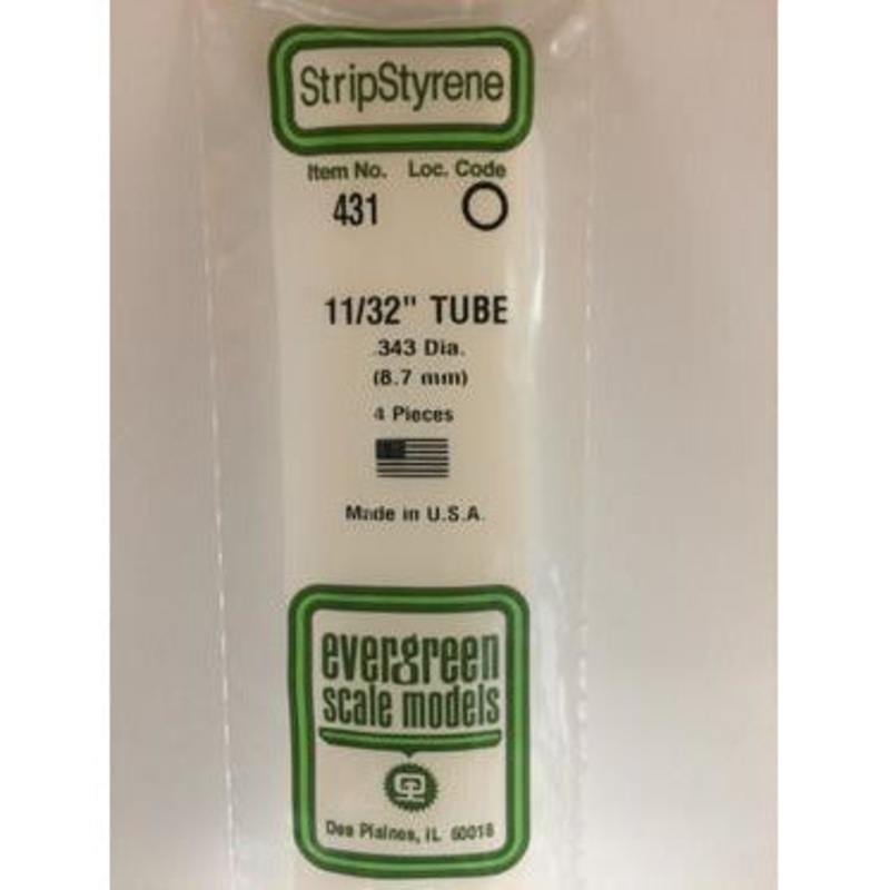 Evergreen #431 Styrene Tubes: Round 11/32 4 pack 0.344 (8.3mm) OD x 24 (60cm)