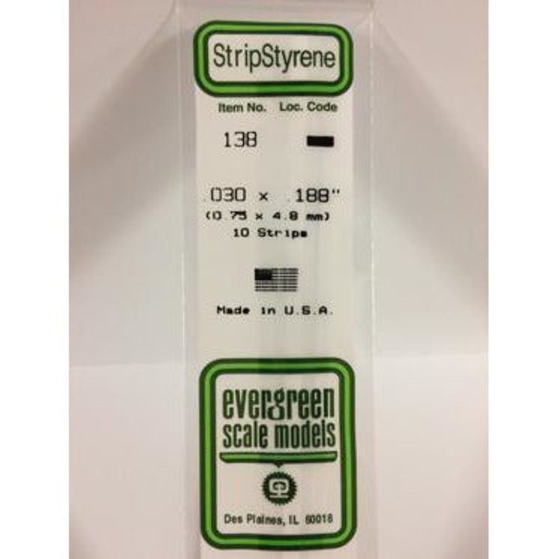 Evergreen #138 Styrene Strips: Dimensional 10 pack 0.030 (0.75mm) x 0.188 (4.8mm) x 14 (35cm)