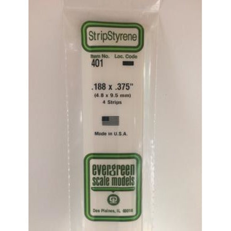 Evergreen #401 Styrene Strips: Dimensional 4 pack 0.188 (4.8mm) x 0.375 (9.5mm) x 24 (60cm)