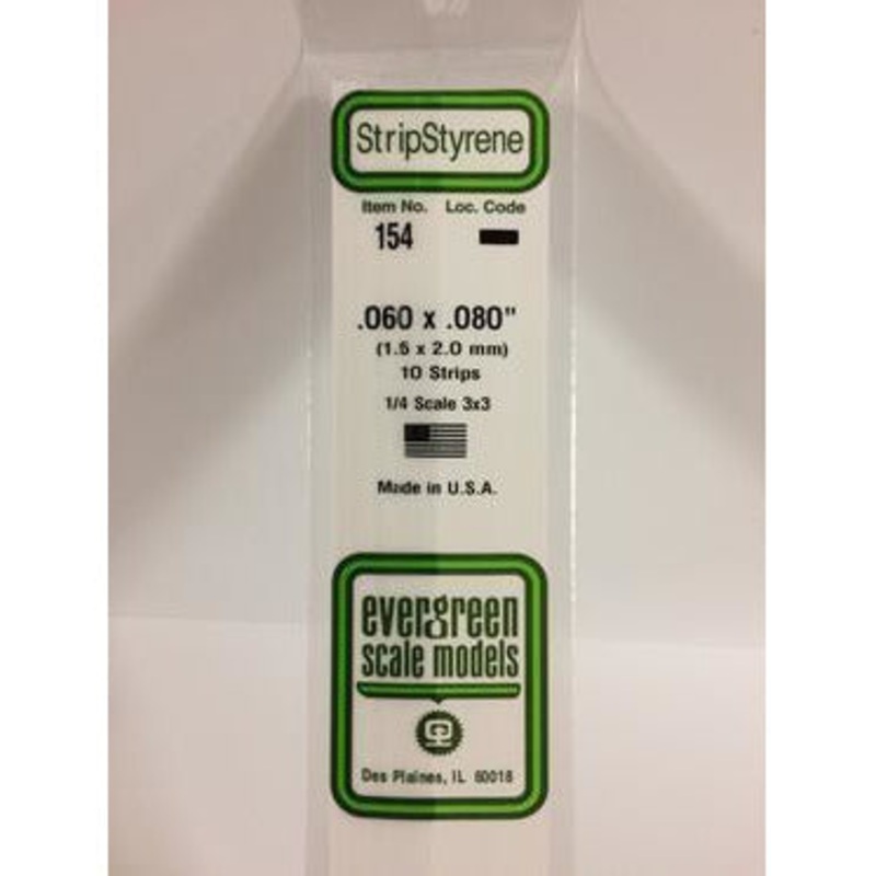 Evergreen #154 Styrene Strips: Dimensional 10 pack 0.060 (1.5mm) x 0.080 (2.0mm) x 14 (35cm)