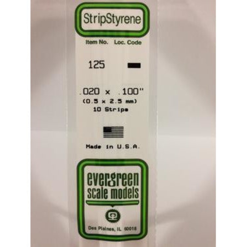 Evergreen #125 Styrene Strips: Dimensional 10 pack 0.020 (0.50mm) x 0.100 (2.50mm) x 14 (35cm)