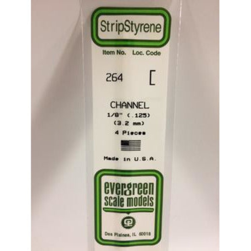 Evergreen #264 Styrene Shapes: Channel 4 pack 0.125 (3.2mm) x W: 0.046 (1.2mm) x FT: 0.012 (0.30mm) x WT: 0.020 (0.51mm)
