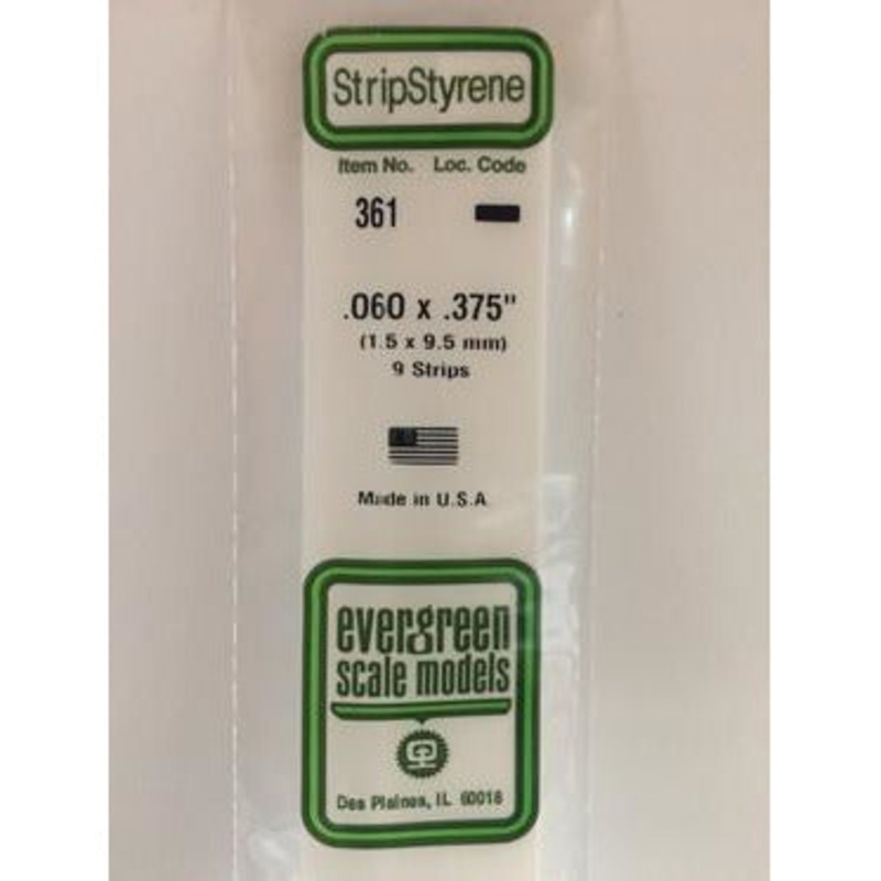 Evergreen #361 Styrene Strips: Dimensional 9 pack 0.060 (1.5mm) x 0.375 (9.5mm) x 24 (60cm)
