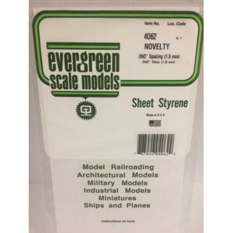 Evergreen #4062 Styrene Siding: Novelty 0.060 (1.5mm) Spacing x 0.040 (0.75mm) Thick 6 x 12
