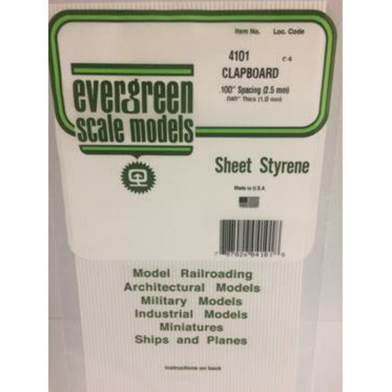 Evergreen #4101 Styrene Siding: Clapboard 0.100 (2.5mm) Spacing x 0.040 (1.0mm) 6 x 12