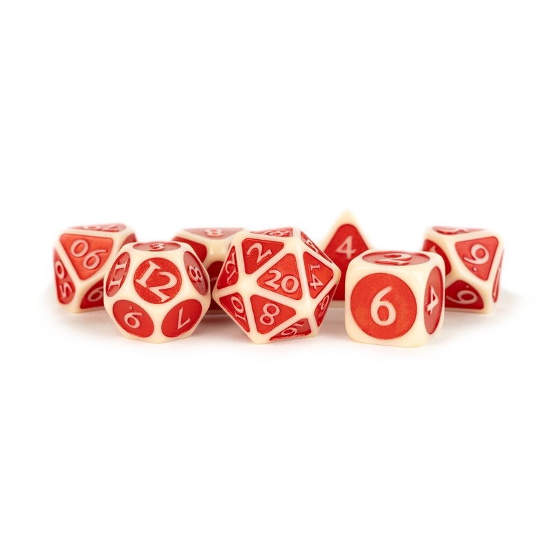 Fanroll Enamel Acrylic 7 Dice Set Ivory W/ Red 16MM – FAN761