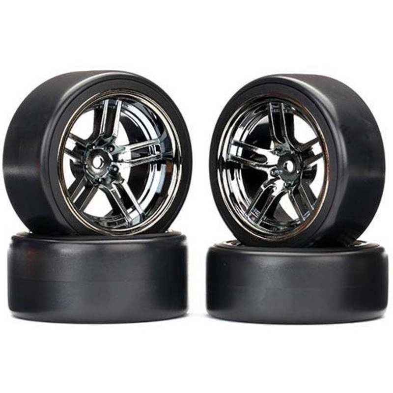 TRA8378 Tires and wheels, assembled, glued (split-spoke black chrome wheels, 1.9′ Drift tires) (front and rear)