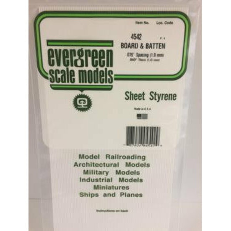 Evergreen #4542 Styrene Siding: Board and Batten 0.075 (1.8mm) Groove Spacing (Board), .015 (.38mm) Rib Width (Batten)