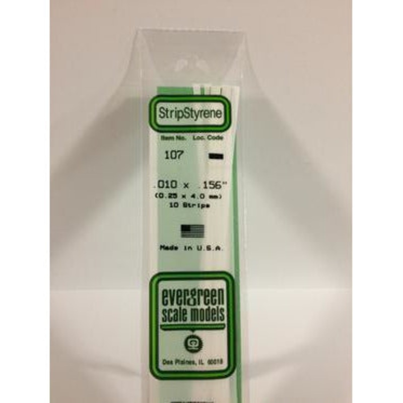 Evergreen #107 Styrene Strips: Dimensional 10 pack 0.010 (0.25mm) x 0.156 (4.0mm) x 14 (35cm)
