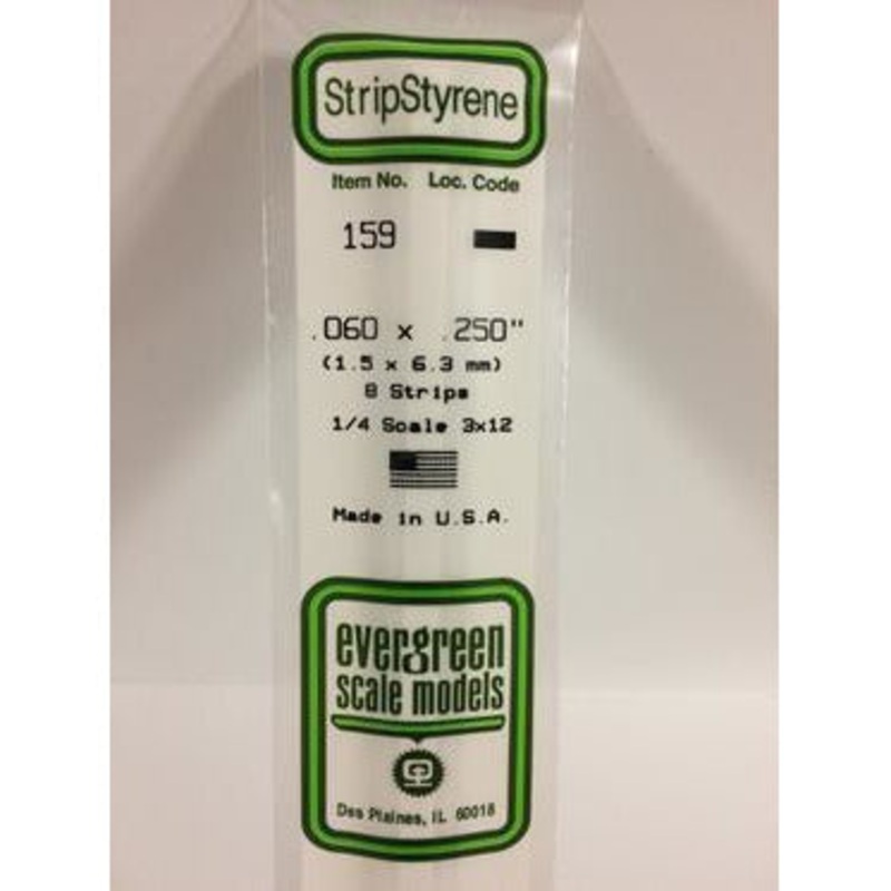 Evergreen #159 Styrene Strips: Dimensional 8 pack 0.060 (1.5mm) x 0.250 (6.3mm) x 14 (35cm)