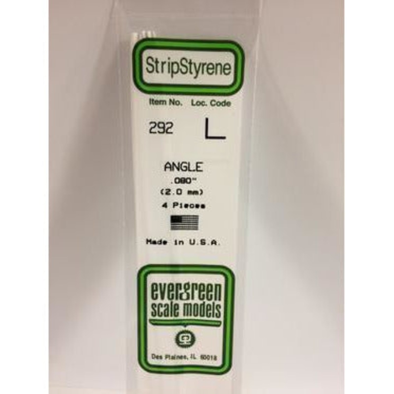 Evergreen #292 Styrene Shapes: Angle 4 pcs 0.080 (2.0mm) x 0.080 (2.0mm) x 0.16 (0.40mm) Thick