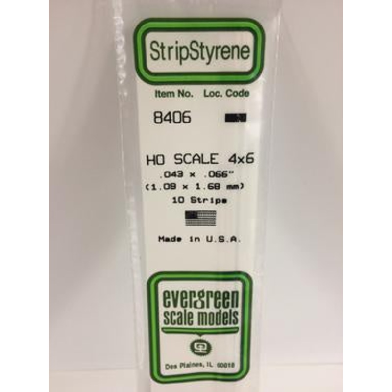 Evergreen #8406 – .043 X .066 / 1.1mm X 1.7mm Opaque White Polystyrene Ho Scale Strips (4×6)