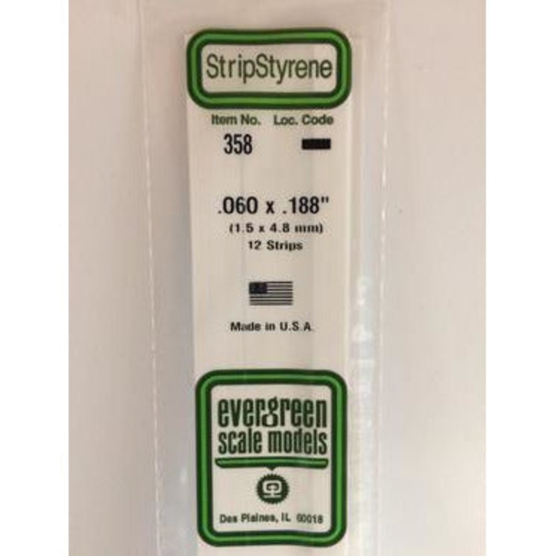 Evergreen #358 Styrene Strips: Dimensional 14 pack 0.060 (1.5mm) x 0.188 (4.8mm) x 24 (60cm)