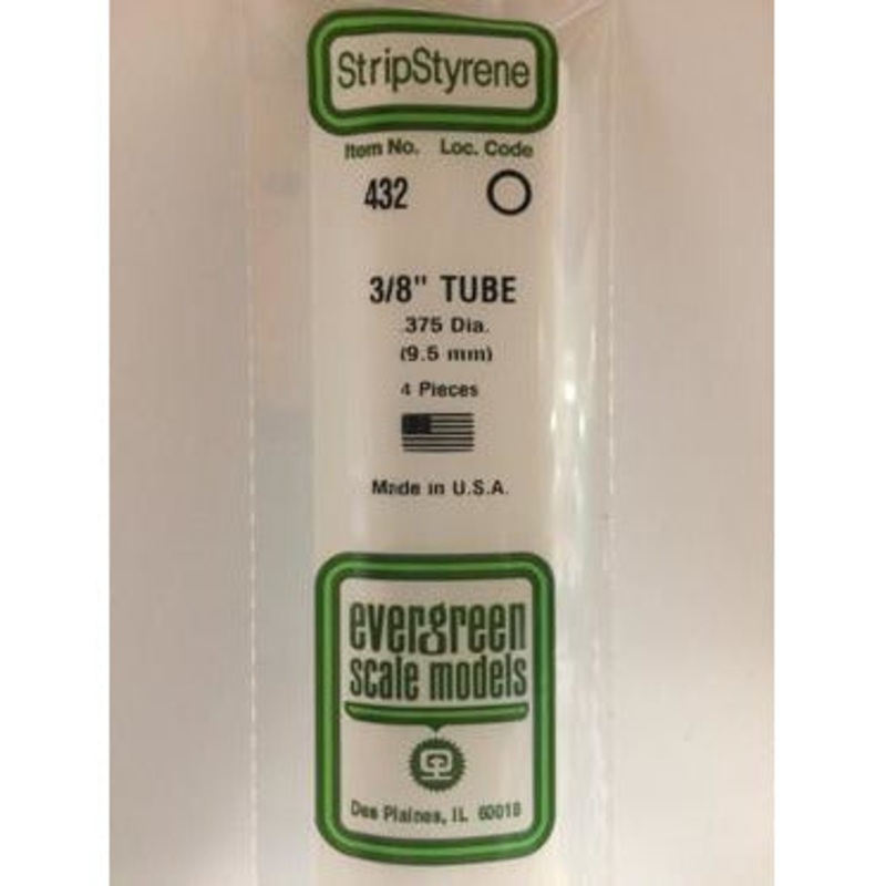 Evergreen #432 Styrene Tubes: Round 3/8 4 pack 0.375 (9.5mm) OD x 24 (60cm)