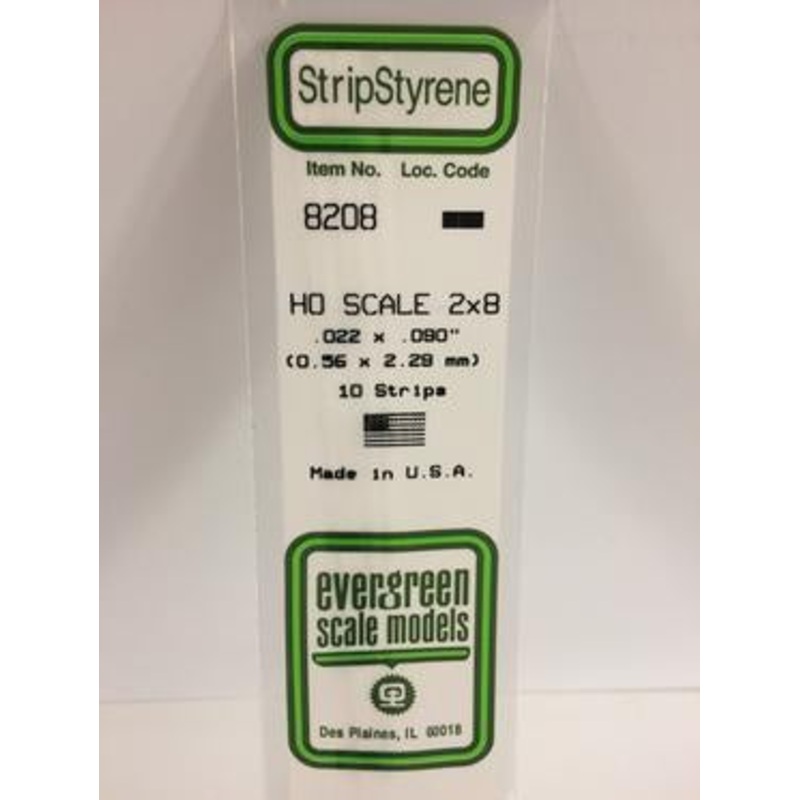 Evergreen #8208 Styrene Strips: HO 2×8 10 pack 0.022 (0.56mm) x 0.090 (2.29mm) x 14 (35cm)