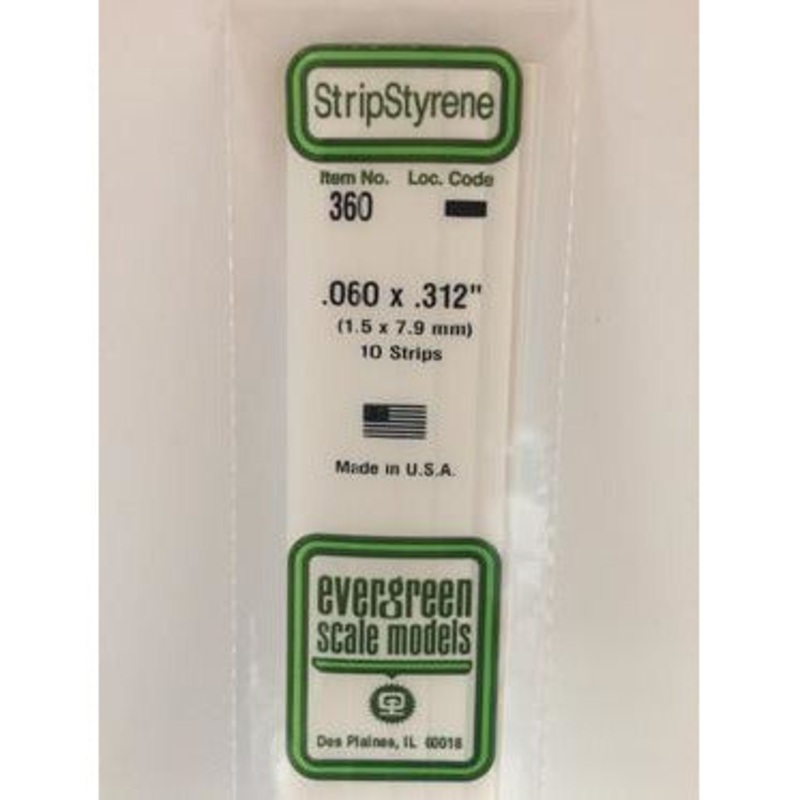 Evergreen #360 Styrene Strips: Dimensional 10 pack 0.060 (1.5mm) x 0.312 (7.9mm) x 24 (60cm)