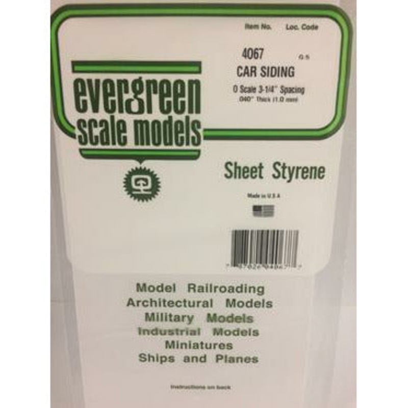 Evergreen #4067 Styrene Siding: Car 0.067 (1.69mm) Spacing x 0.040 (0.75mm) Thick 6 x 12