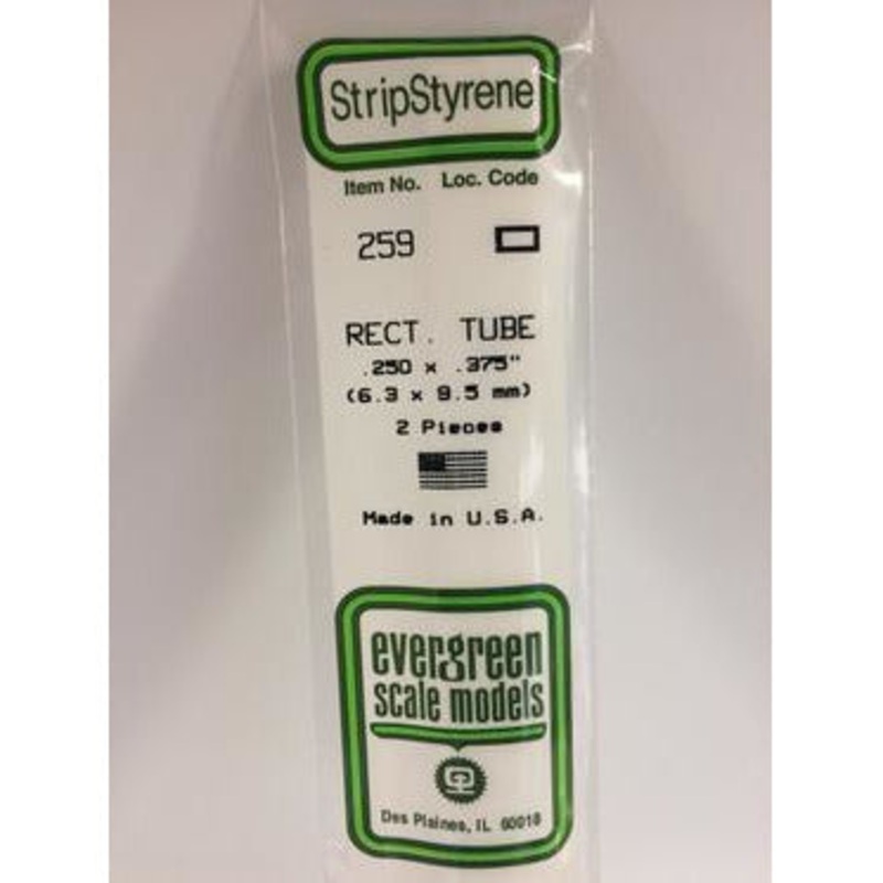 Evergreen #259 Styrene Tubes: Rectangular 2 pack 0.250 (6.3mm) x 0.375 (9.5mm) x 14 (35cm)