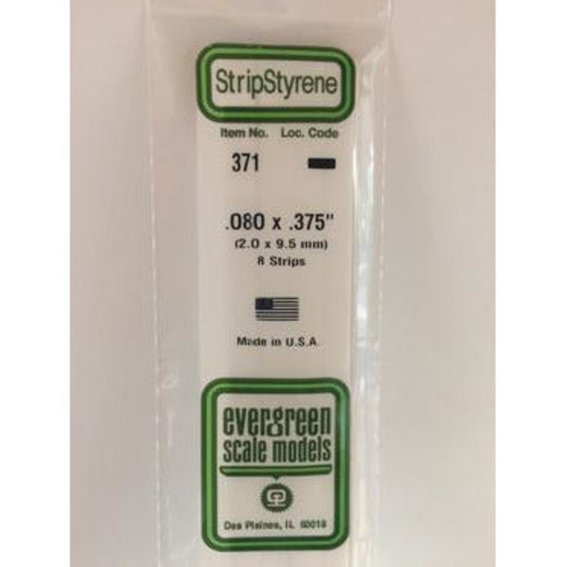 Evergreen #371 Styrene Strips: Dimensional 8 pack 0.080 (2.0mm) x 0.375 (9.5mm) x 24 (60cm)