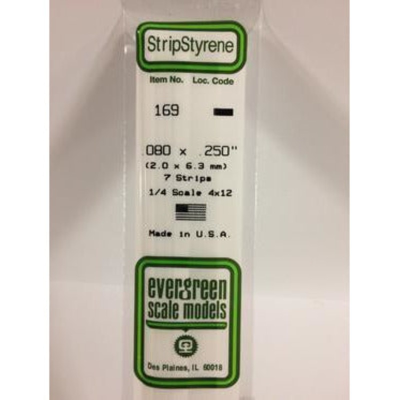 Evergreen #169 Styrene Strips: Dimensional 7 pack 0.080 (2.0mm) x 0.250 (6.3mm) x 14 (35cm)