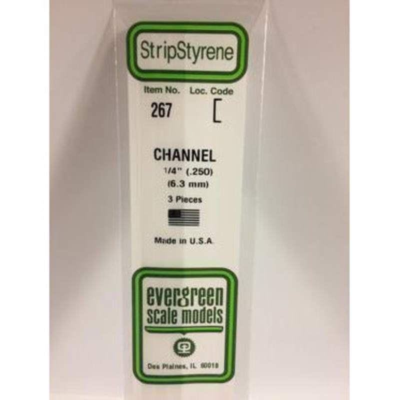 Evergreen #267 Styrene Shapes: Channel 3 pack 0.250 (6.3mm) x W: 0.250 (2.0mm) x FT: 0.018 (0.46mm) x WT: 026 (0.66mm)