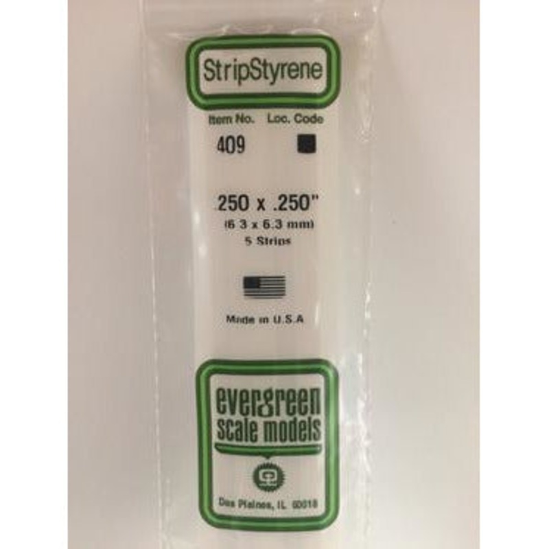 Evergreen #409 Styrene Strips: Dimensional 5 pack 0.250 (6.3mm) x 0.250 (6.3mm) x 24 (60cm)