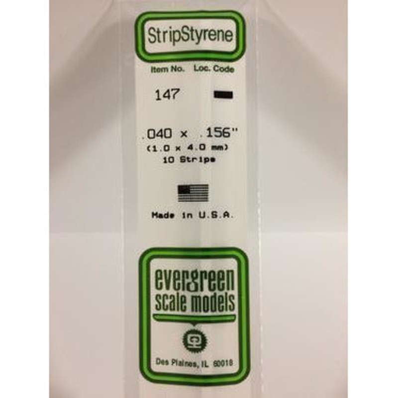 Evergreen #147 Styrene Strips: Dimensional 10 pack 0.040 (1.0mm) x 0.156 (4.0mm) x 14 (35cm)