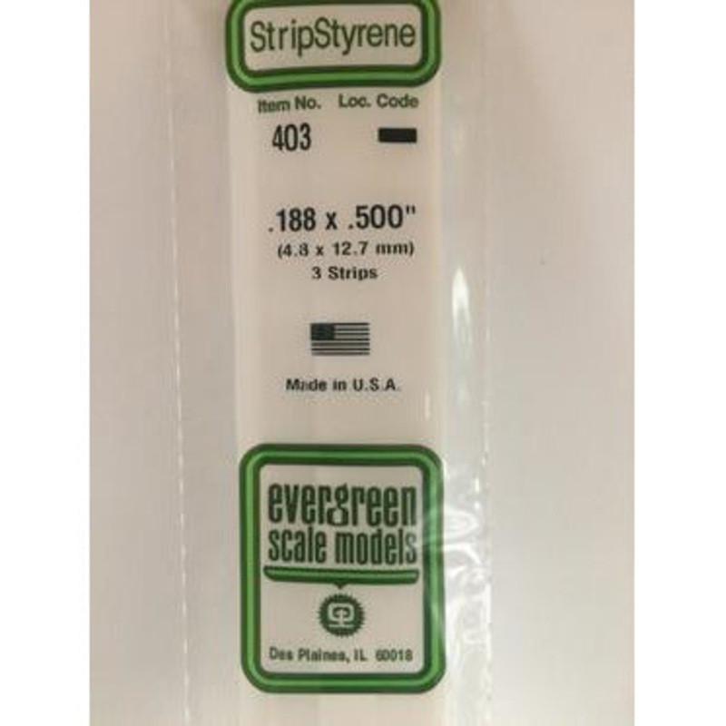 Evergreen #403 Styrene Strips: Dimensional 3 pack 0.188 (4.8mm) x 0.500 (12.7mm) x 24 (60cm)