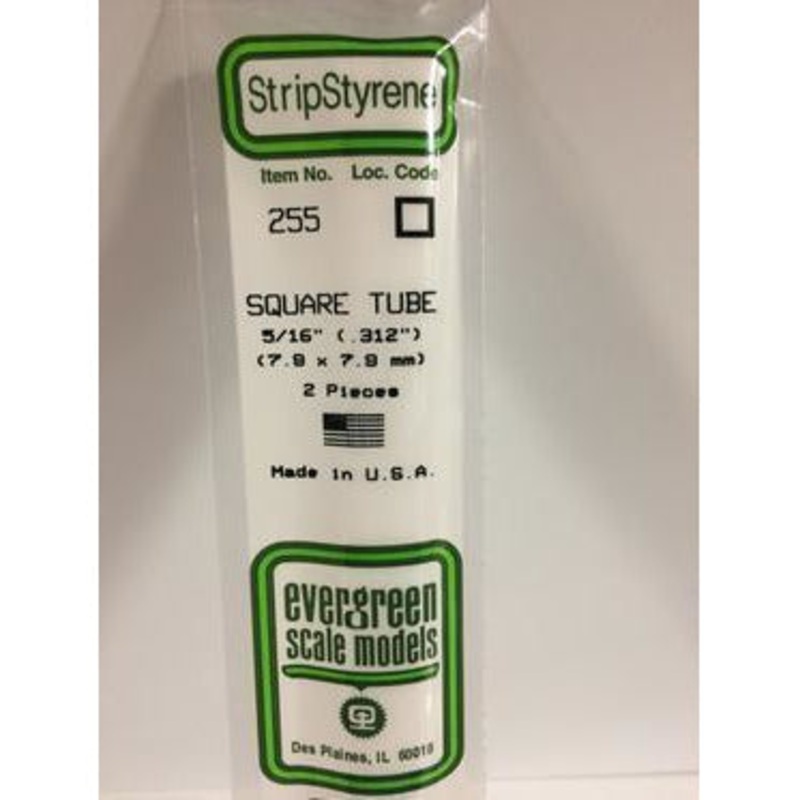 Evergreen #255 Styrene Tubes: Square 5/16 2 pack 0.312 (7.9mm) x 14 (35cm)