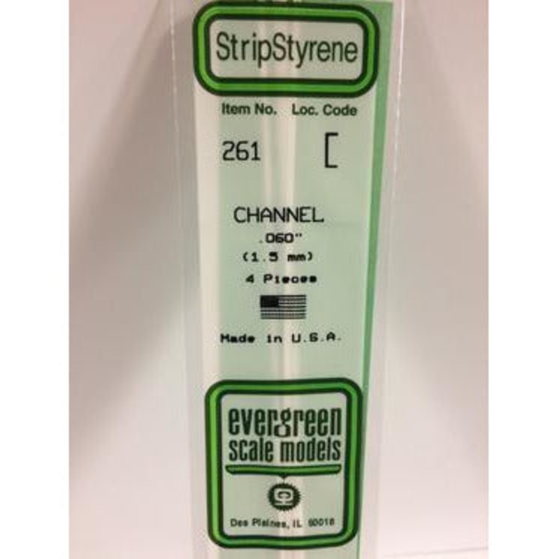 Evergreen #261 Styrene Shapes: Channel 4 pack 0 .060 (1.5mm) x W: 0.037 (0.94mm) x FT: 0.009 (0.23mm) x WT: 0.017 (0.43mm)